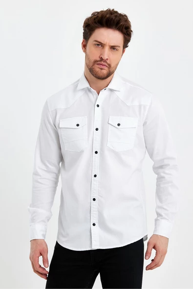 Erkek Beyaz Çift Cepli Çıt Çıt Düğmeli Slim Fit Kot Gömlek - 6
