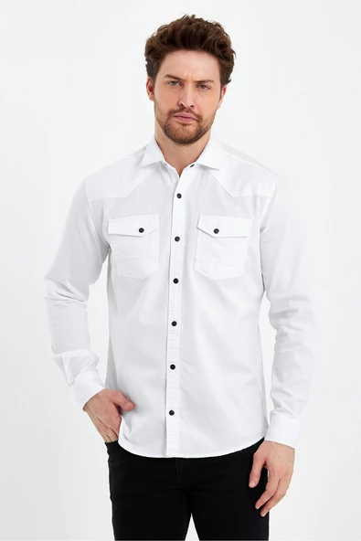 Erkek Beyaz Çift Cepli Çıt Çıt Düğmeli Slim Fit Kot Gömlek - 3