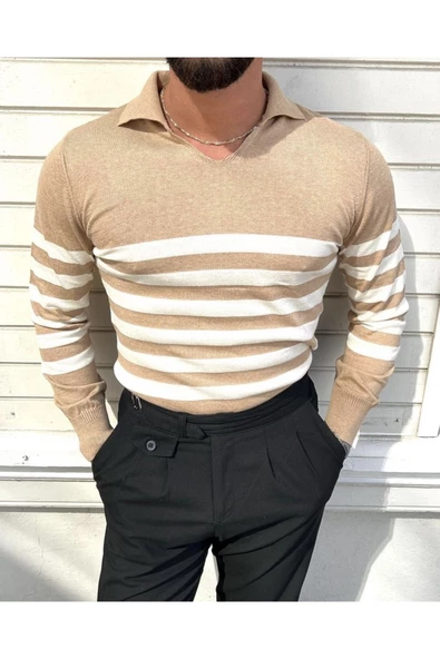 Vizon Erkek Çizgili Polo Yaka Triko Kazak - 2