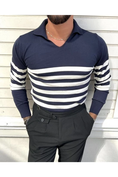 Lacivert Erkek Çizgili Polo Yaka Triko Kazak - 2