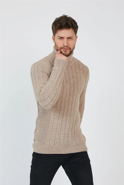 Bej Erkek Örgü Desenli Balıkçı Yaka Triko Kazak - 2