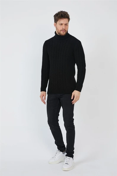 Siyah Erkek Örgü Desenli Balıkçı Yaka Triko Kazak - 6