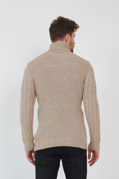 Bej Erkek Örgü Desenli Balıkçı Yaka Triko Kazak - 5