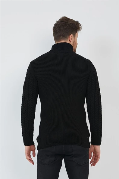 Siyah Erkek Örgü Desenli Balıkçı Yaka Triko Kazak - 5