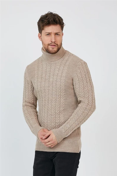 Bej Erkek Örgü Desenli Balıkçı Yaka Triko Kazak - 3