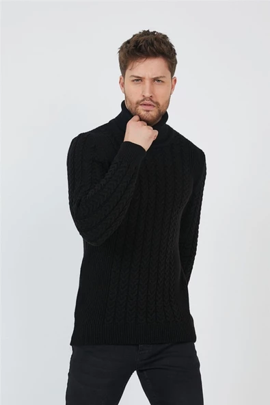 Siyah Erkek Örgü Desenli Balıkçı Yaka Triko Kazak - 2