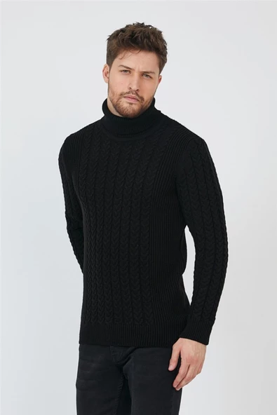 Siyah Erkek Örgü Desenli Balıkçı Yaka Triko Kazak - 4