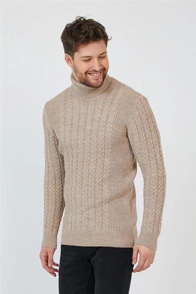 Bej Erkek Örgü Desenli Balıkçı Yaka Triko Kazak - 4