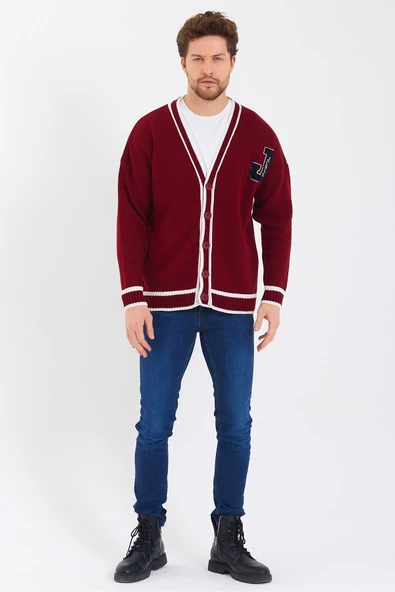 Erkek Bordo Nakışlı Düğmeli Triko Hırka - 2