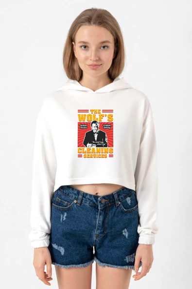 Pulp Fiction The Wolf's Cleaning Services Ekru Kadın Crop Kapşonlu ürün görseli 1