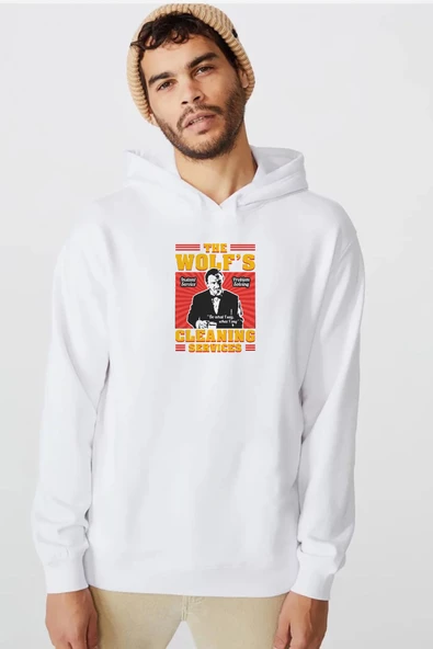 Pulp Fiction The Wolf's Cleaning Services Beyaz Erkek 3ip Kapşonlu  Sweatshirt