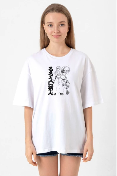 Rurouni Kenshin Black White Art Beyaz Kadın Oversize Tshirt ürün görseli 1