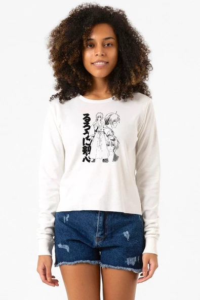 Rurouni Kenshin Black White Art Ekstra Uzunkol Sweatshirt Ekru