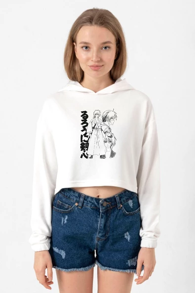 Rurouni Kenshin Black White Art Ekru Kadın Crop Kapşonlu