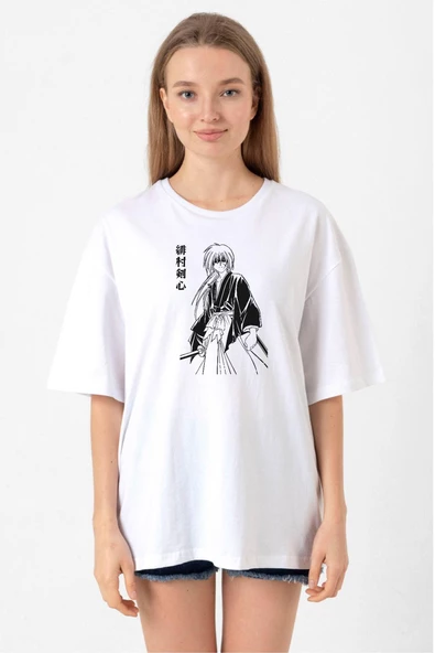 Rurouni Kenshin Poster Japan Beyaz Kadın Oversize Tshirt ürün görseli 1