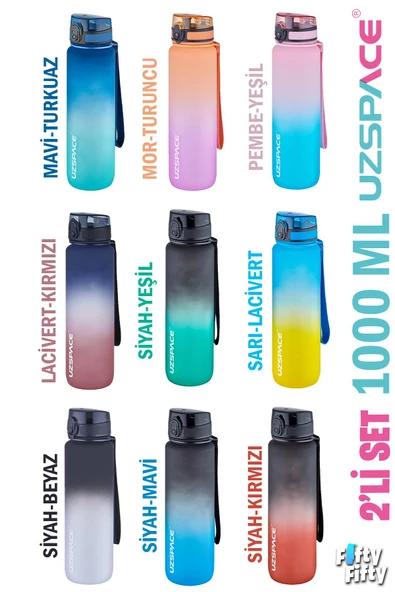 Uzspace 2'li Tritan Matara Seti 1000ml BÜYÜK BOY Çift Renk Softtouch FF Collection Tritan Su Matarası - 5