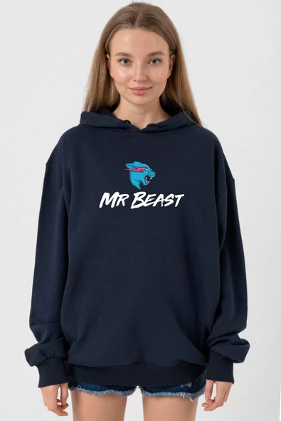 Mr Beast Lacivert Kadın 3ip Kapşonlu