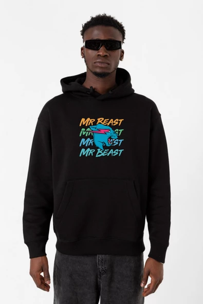 Mr Beast Lettern Siyah Erkek 3ip Kapşonlu Sweatshirt