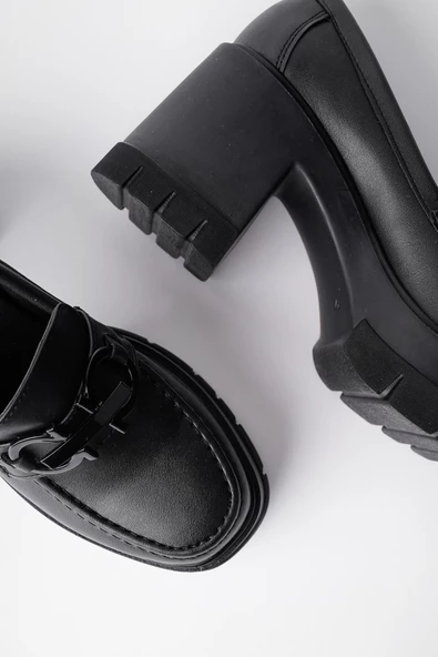 Muggo VALENCİA Garantili Kadın Kalın Topuklu Yuvarlak Burunlu Metal Tokalı Loafer Günlük Ayakkabı - 7