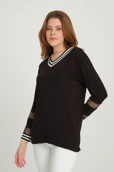 Kadın V Yaka Kol Tül Yaka Biye Detaylı Bluz Siyah - 3