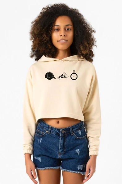 The Walking Dead Glenn Rhee Symbols Bej Kadın Crop Kapşonlu ürün görseli