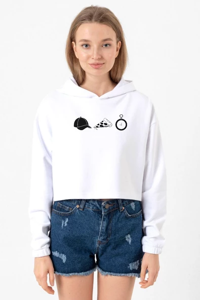 The Walking Dead Glenn Rhee Symbols Beyaz Optik Kadın Crop Kapşonlu ürün görseli 1