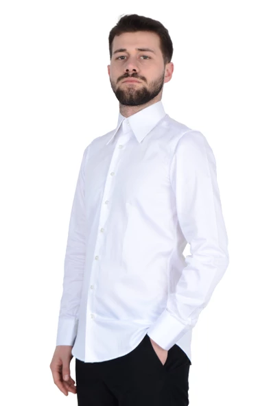 Cengiz İnler Yarasa Yaka Pamuk Saten Cepsiz Slim Fit Erkek Gömlek
