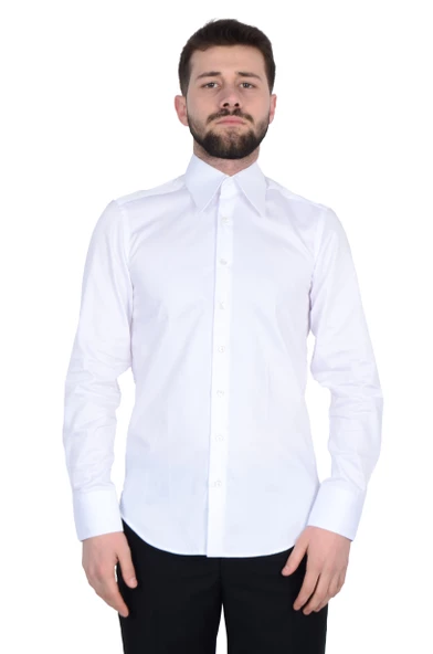 Cengiz İnler Yarasa Yaka Pamuk Saten Cepsiz Slim Fit Erkek Gömlek - 2