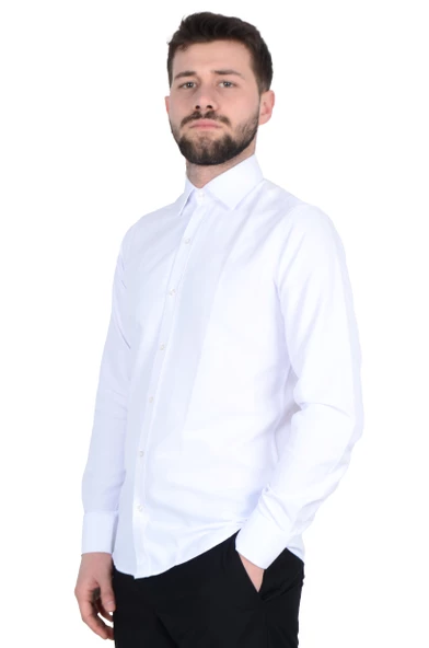 Cengiz İnler Standart Yaka Cepsiz Filafil Doku Slim Fit Erkek Gömlek