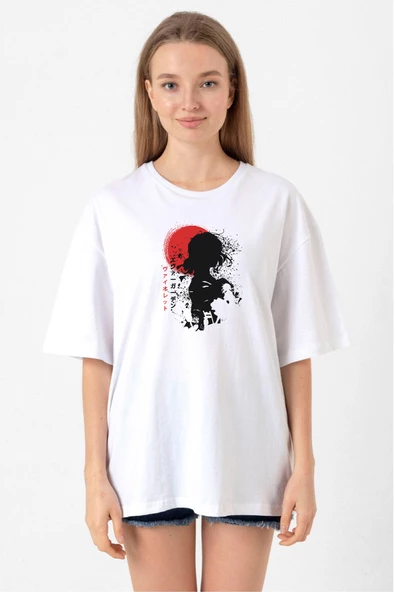 Violet Evergarden Anime Dark Poster Beyaz Kadın Oversize Tshirt ürün görseli 1