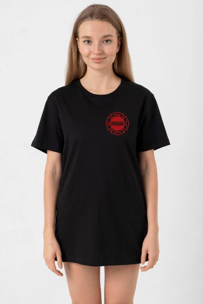 Chicago Fire Logo Siyah Kadın Oversize Tshirt ürün görseli 1