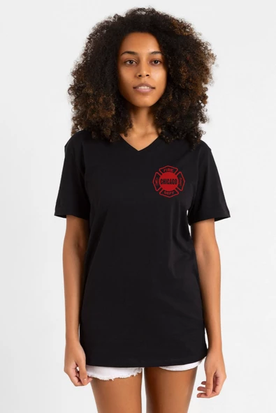 Chicago Fire Logo Siyah Kadın V yaka Tshirt