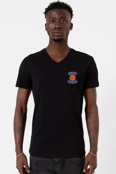 Dubious Handles Logo Siyah Erkek V yaka Tshirt
