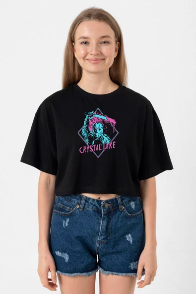 Friday The 13th Crystal Lake Siyah Kadın Crop Tshirt ürün görseli 1