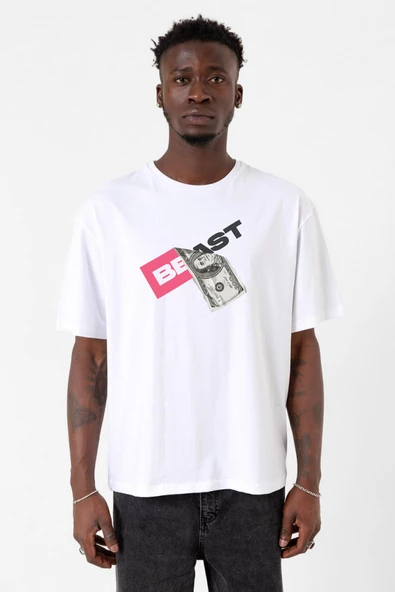Mr Beast Dollar Bill Beyaz Erkek Oversize Tshirt