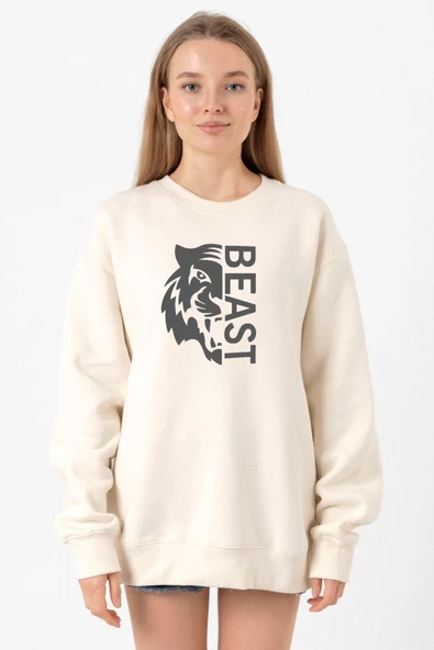 Mr Beast Half Face Ekru Kadın 2ip Sweatshirt