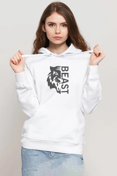 Mr Beast Half Face Beyaz Kadın 3ip Kapşonlu Sweatshirt