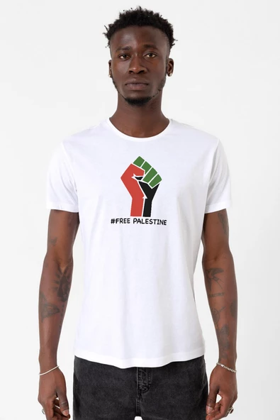 Hand Free Palestine Beyaz Erkek Bisikletyaka Tshirt