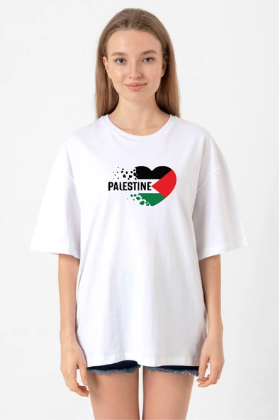 Heart Palestine Flag Beyaz Kadın Oversize Tshirt
