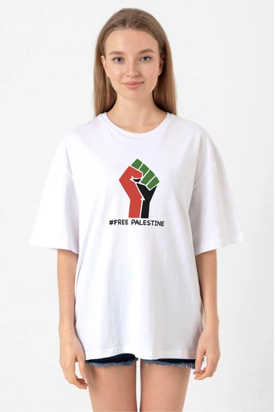 Hand Free Palestine Beyaz Kadın Oversize Tshirt