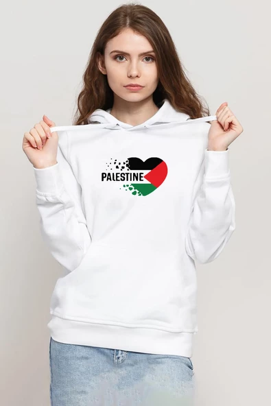 Heart Palestine Flag Beyaz Kadın 3ip Kapşonlu Sweatshirt - 1