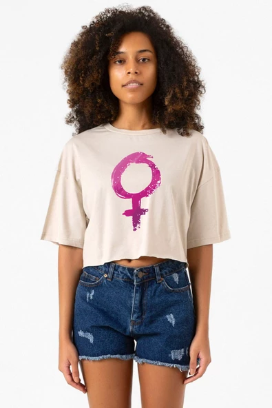 Purple Venus Symbol Bej Kadın Crop Tshirt