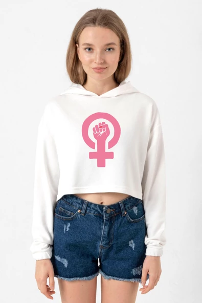 Pink Venus Symbol Hand Ekru Kadın Crop Kapşonlu