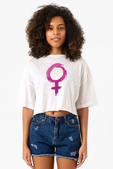 Purple Venus Symbol Beyaz Kırçıllı Kadın Crop Tshirt