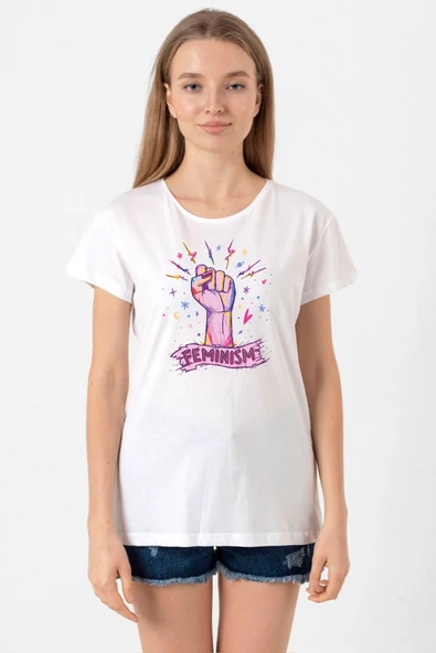 Colorful Feminism Hand Beyaz Kadın Bisikletyaka Tshirt ürün görseli 1