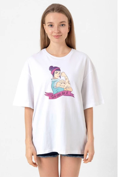 We Can Do It Beyaz Kadın Oversize Tshirt