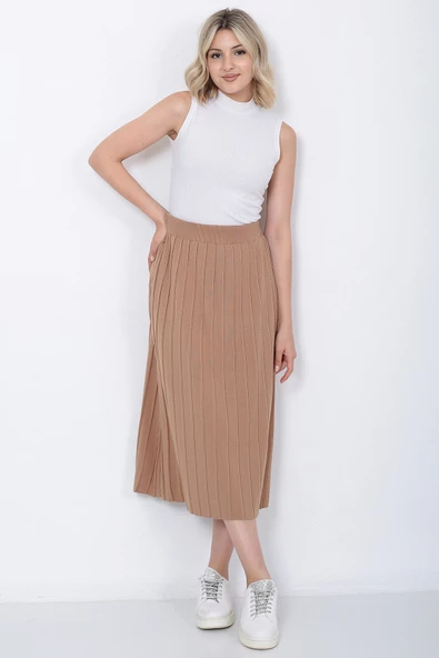 Kadın Triko Etek Oversize Vizon - 2