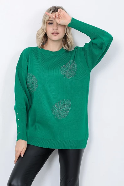 Kadın Triko Kazak Bisiklet Yaka Yaprak Desenli Kolu Taşlı Oversize Yeşil - Resim 5