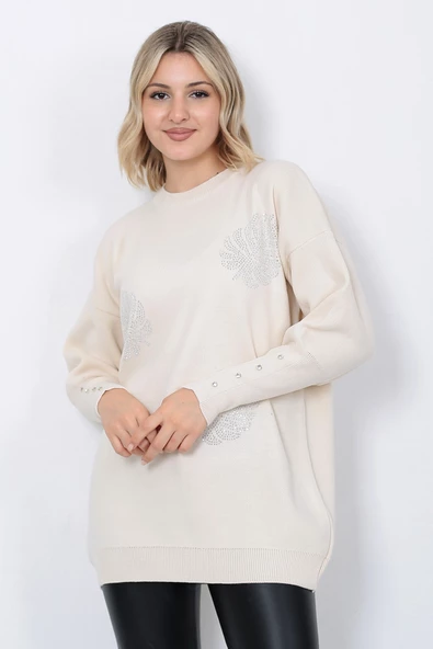 Kadın Triko Kazak Bisiklet Yaka Yaprak Desenli Kolu Taşlı Oversize Taş Renk - Resim 2