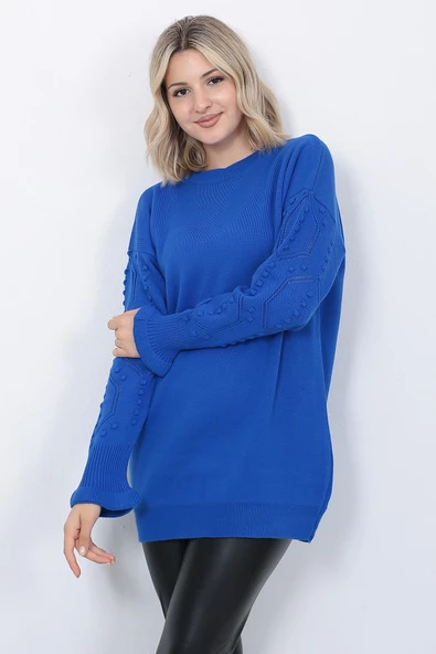 Kadın Triko Kazak Bisiklet Yaka Kolu Desenli Oversize Saks Mavi - 4